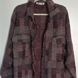 Zara Women's Burgundy Plaid Knit Sweater Jacket